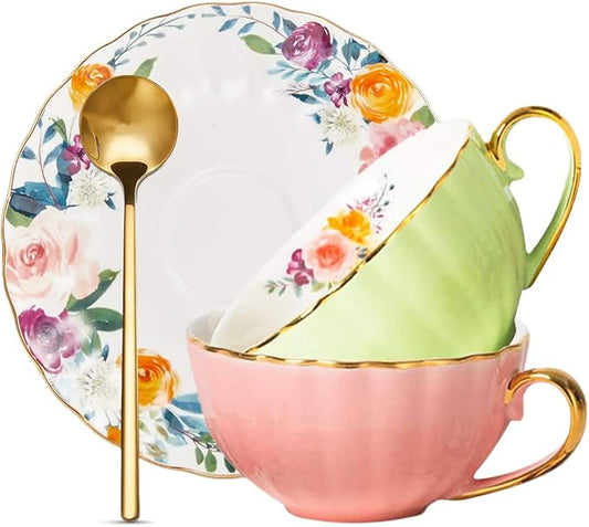 ONEUSTAR Tea Cup and Saucer Set for 2 Bone China English Tea Cup Floral Teacups Coffee Latte Mugs for Mother's Day Women Birthday Party Gifts, 8 Oz