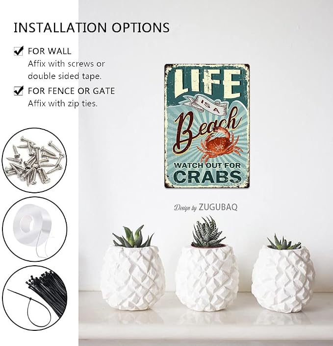 Vintage Tin Signs Wall Decor, Life Is A Beach Watch Out For Crabs, Retro Metal Sign for Outdoor Indoor Home Beach Garden Tub Bar Farmhouse Cafe Gate Fence 8X12 Inch Decorations - Image 5