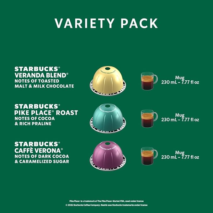Starbucks by Nespresso Vertuo, Blonde, Medium, and Dark Roast Variety Pack Coffee, 30-count Coffee Pods, Brews 7.8 oz.