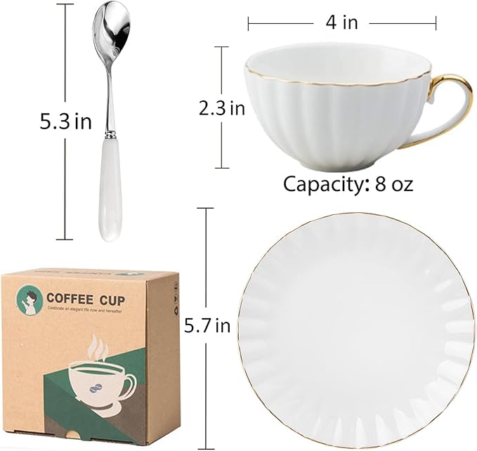 ONEUSTAR Tea Cup and Saucer Set for 1 Bone China English Tea Cup with Spoon 8 oz Teacup Coffee Cappuccino Latte Mug with Gold Trim, White