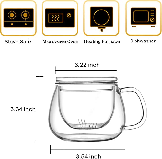 Lezero 13oz Tea Infuser Cups Kits, Glass Mugs with Filter Basket and Lid for Loose leaf-Tea Brewing, Heat Resistant, Lead-free, Microwave & Dishwasher Safe