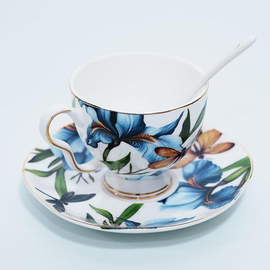 Bone China Tea Cup and Saucer Set with Spoon，Elegant Floral Tea Cup Set (7 oz)，British Coffee Latte Mug for Birthday Party Christmas gift for Friends