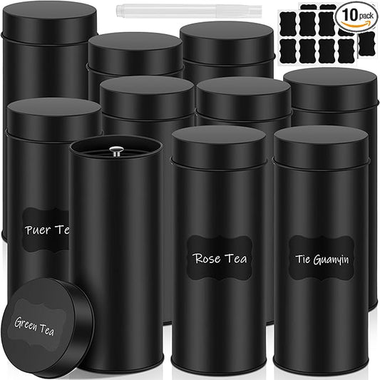 Tanlade 10 Pcs Tea Tin Canister 23oz Metal Round Cans with Airtight Lid Double Sealed Loose Leaf Tea Storage Containers with 1 Erasable Chalk Marker and 16 Stickers for Coffee Sugar Spices