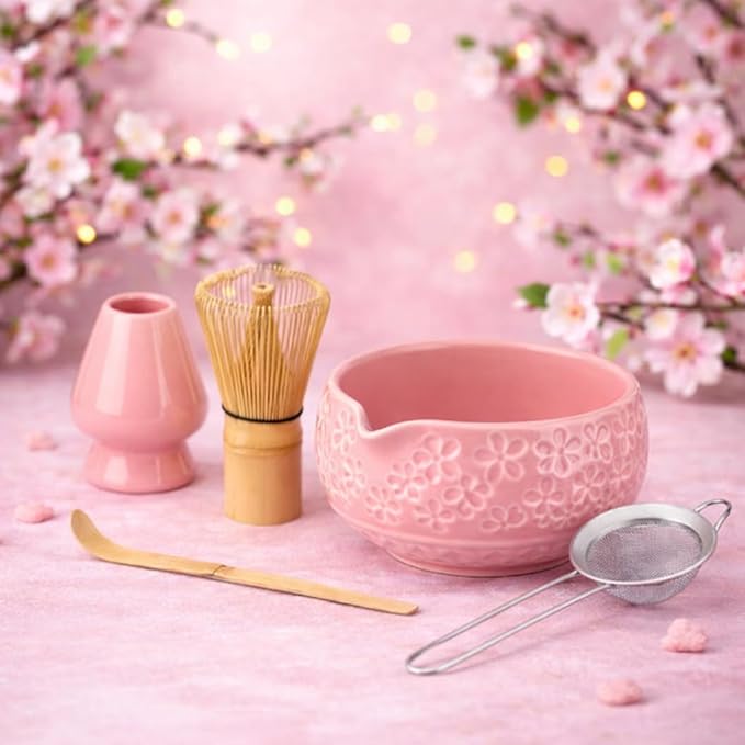 Matcha Whisk Set- Matcha Set includes Matcha Whisk and Bowl with Spout, Sifter, Holder and Scoop- The Perfect Bamboo Whisk for Matcha Tea (Pink Flowers)