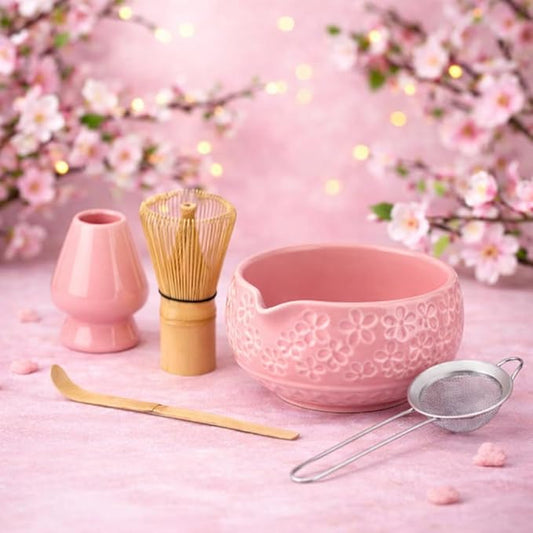 Matcha Whisk Set- Matcha Set includes Matcha Whisk and Bowl with Spout, Sifter, Holder and Scoop- The Perfect Bamboo Whisk for Matcha Tea (Pink Flowers)