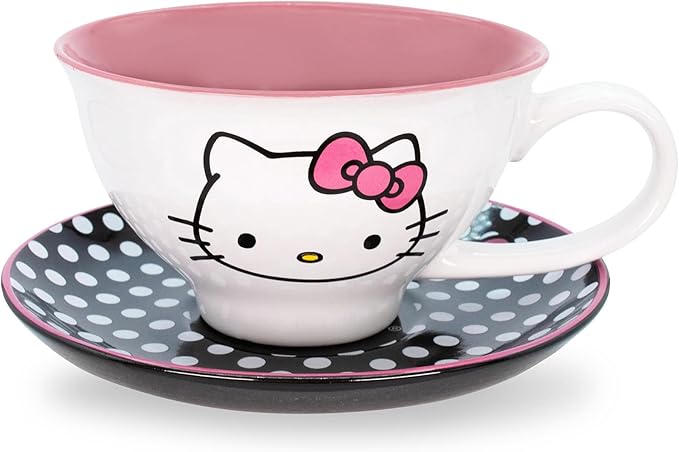 Silver Buffalo Sanrio Hello Kitty 12-ounce Ceramic Teacup and Saucer Set | Tea Party Gift Set For Coffee, Espresso