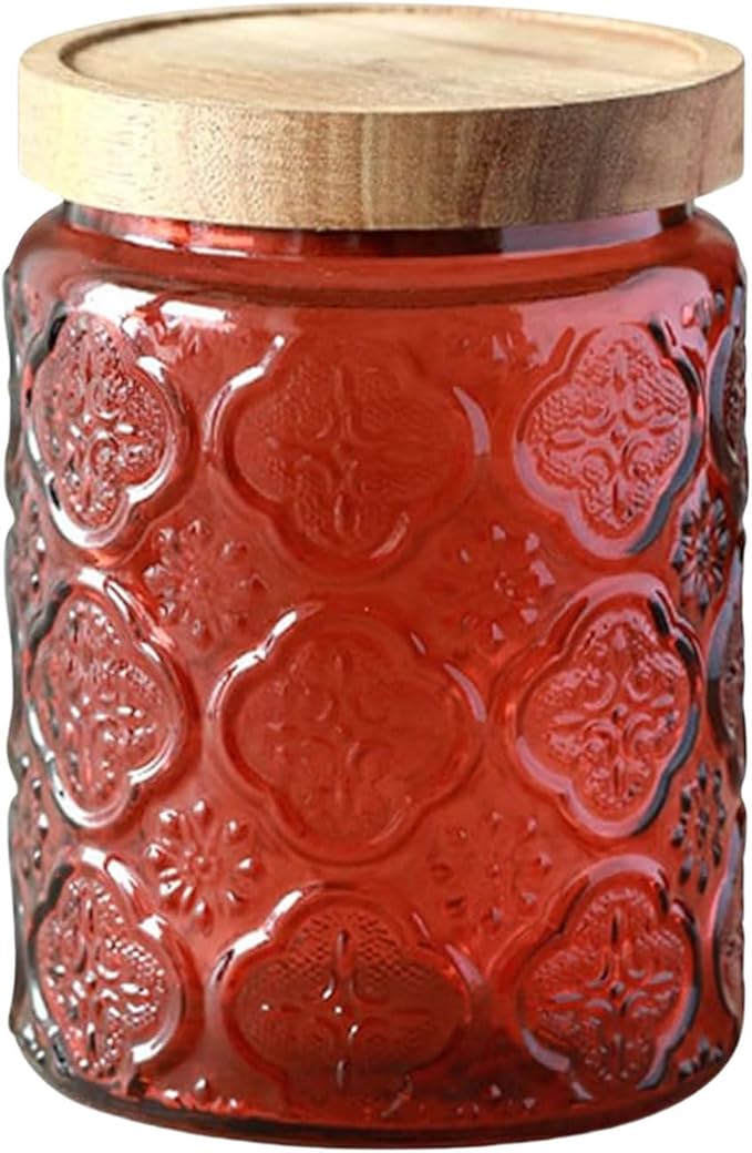 Glass Jar with Lid, Vintage Glass Storage Jars with Airtight Lid Coffee Canister Sugar Container for Kitchen Counter Pantry, Spice, Candy, Coffee Beans, Tea, Cookie (24 FL OZ Red Begonia)