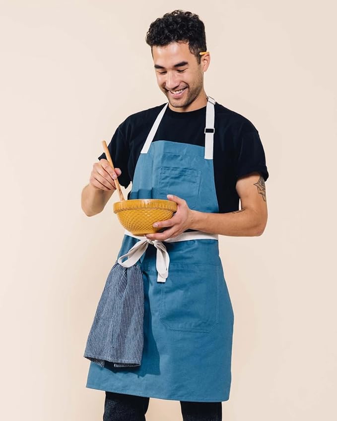 Caldo Daily Cotton Kitchen Apron for Cooking - Mens and Womens Professional Chef or Server Bib Apron - Adjustable Straps with Pockets and Towel Loop (Vintage Blue) - Image 4