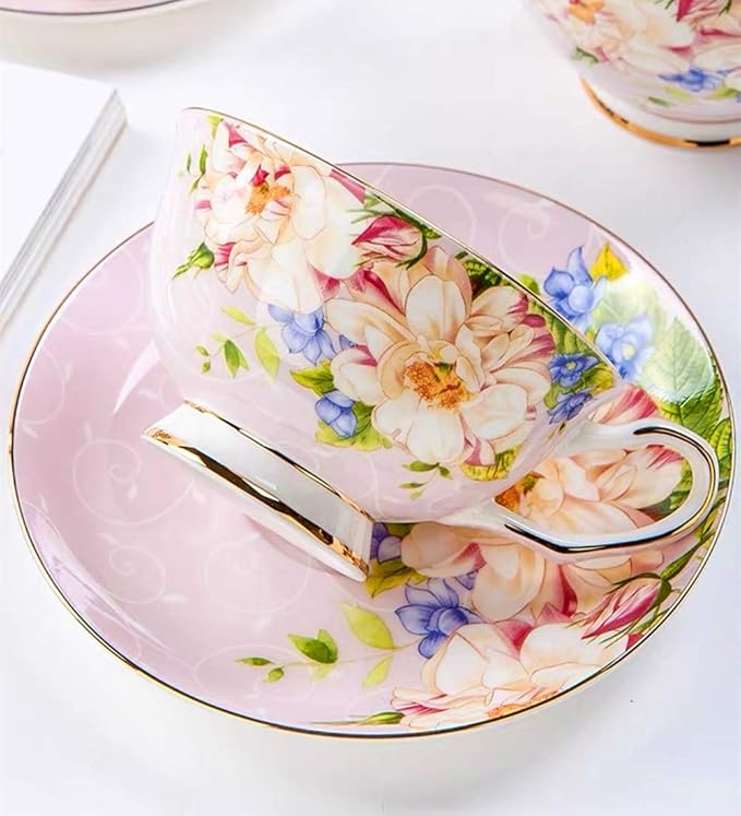 Vintage Ceramic Teacup, Elegant Coffee Cup with Spoon and Saucer Set, Fine Royal Bone China Tea Cups (Pink)