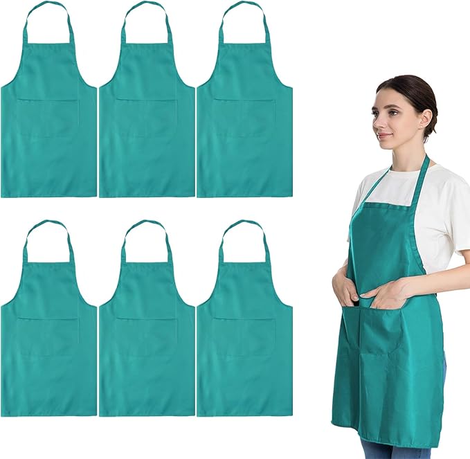 Total 6PCS Baby Blue Bib Aprons Bulk with 2 Pockets for Women Men Adult - Chef Cooking Kitchen (6, Baby Blue) by LOYHUANG