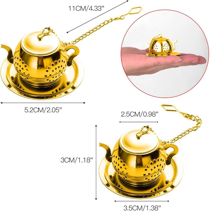 Loose Leaf Tea Infuser Ball Set of 4 Stainless Steel Tea Strainer with Chain and Drip Trays, Tea Filter for Mug and Cup (Gold)
