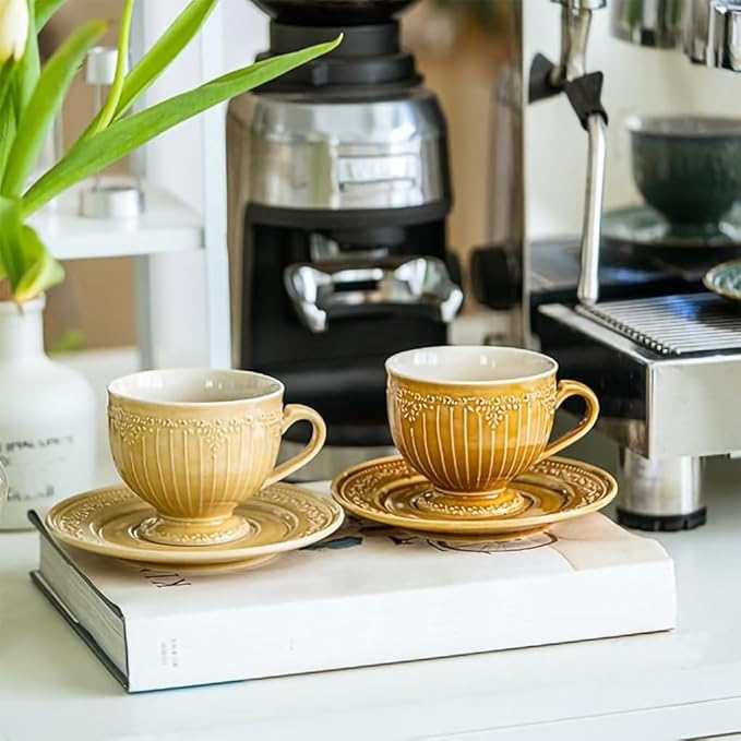 WAIT FLY Vintage Embossed Ceramic Coffee Mug with Saucer Set, Espresso Cup, Tea Cup, Breakfast Cup and Dessert Plate-Yellow-8 OZ