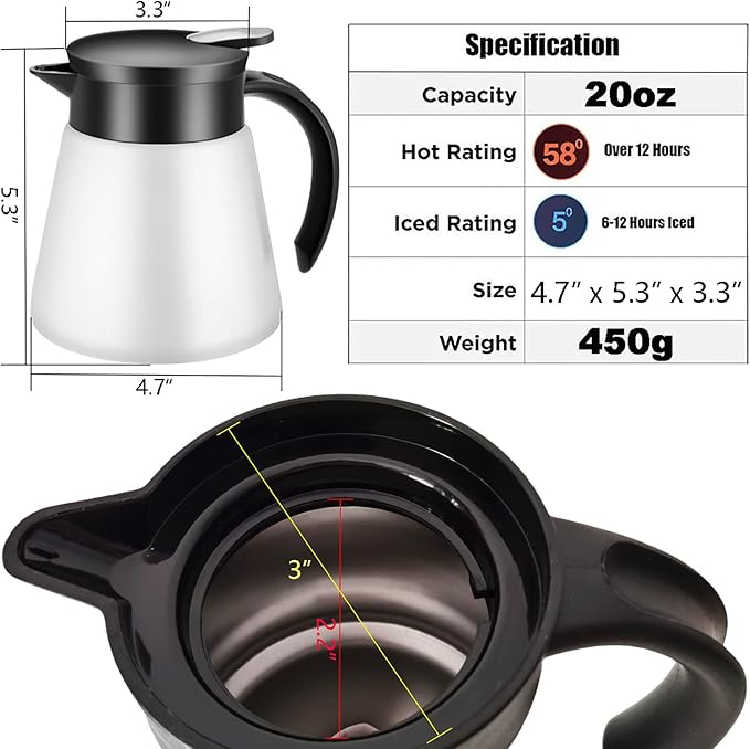 Thermal Coffee Carafe Tea Pot 20 Oz Stainless Steel Double Wall Vacuum Insulated Coffee Water & Beverage Dispenser White