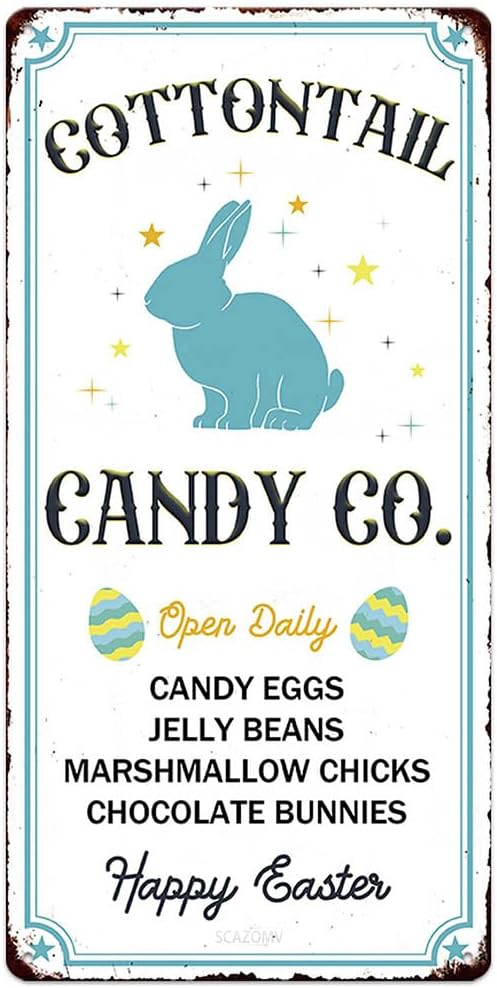 Cottontail Candy Co. Vintage Metal Tin Sign Bunny Rabbit Easter Eggs Print Poster Art Wall Decor Cute Novelty Sign for Home Farmhouse Kitchen Coffee Bar Yard Garden 6x12 Inch by SCAZOMV