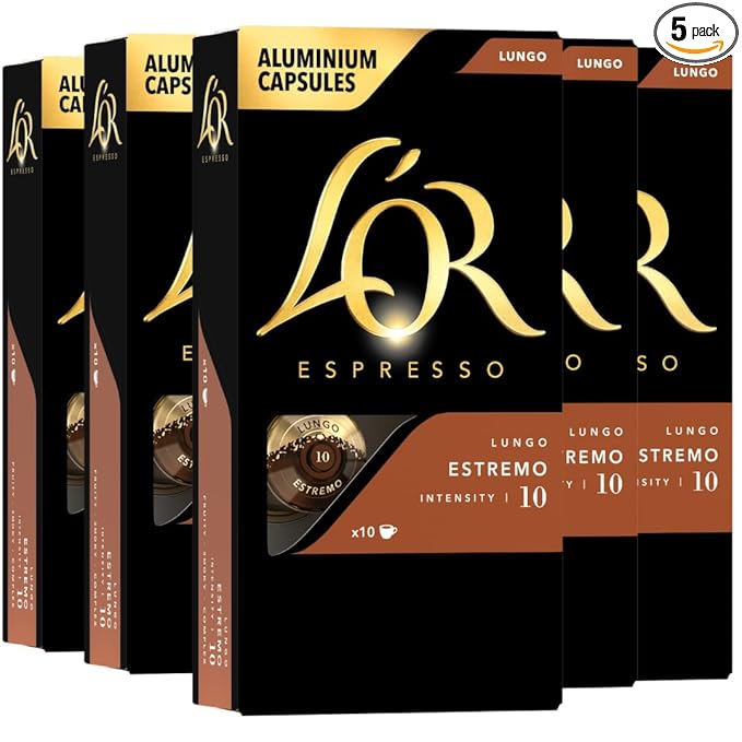 L'OR Espresso Capsules, 50 Count Estremo Lungo, Single-Serve Aluminum Coffee Capsules Compatible with the L'OR BARISTA System & *Nespresso Original Machines, 50 Count (Pack of 5)
