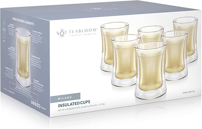 Teabloom Modern Insulated Turkish Tea Glasses - Set of 6 Double Walled Glass Teacups (6 oz / 177 ml)