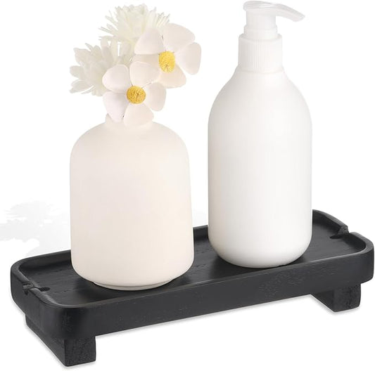Wood Riser Small Decorative Tray Sink Soap Dish, Vanity Tray Pedestal Stand 8.7 x 3.6 inches (Black)