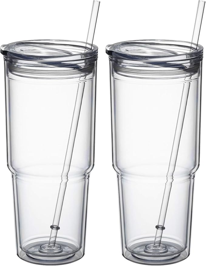 MEWAY 30oz/2 pcs Classic Insulated Tumblers,Double Wall Acrylic Tumbler with Lid，Reusable Plastic Insulated Tumblers with Straw，for cold drinks, sand ice, whatever you like(transparent,2 pack)