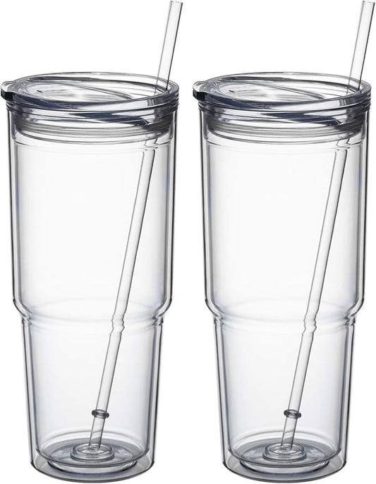 MEWAY 30oz/2 pcs Classic Insulated Tumblers,Double Wall Acrylic Tumbler with Lid，Reusable Plastic Insulated Tumblers with Straw，for cold drinks, sand ice, whatever you like(transparent,2 pack)