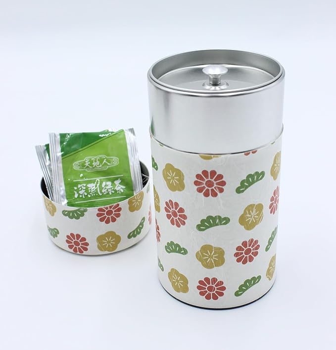 Japanese Pokkan Matcha Coffee Spice Tea Tin Canister Washi Paper Storage with Lid 7.05 oz Capacity (Kamigoto)