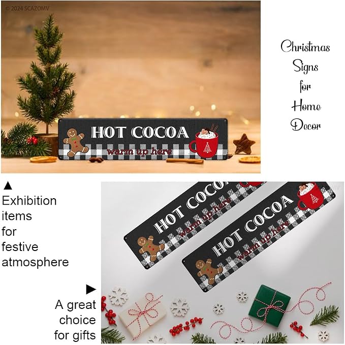 Hot Cocoa Warm Up Here Christmas Metal Sign Vintage Print Art Poster Tin Hanging Plaque for Home Kitchen Patio Yard Office Cafe Coffee Bar Front Door Wall Decor Novelty Gift 16" x 4" - Image 5