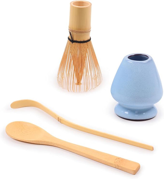 BambooMN Matcha Green Tea Whisk And Scoop 4 Piece Set - Shimmering Blue Holder - 1 Set
