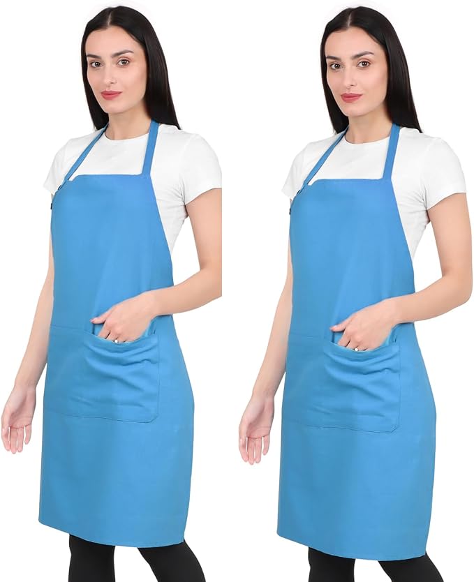 2 Pack Kitchen Apron Waterdrop Resistant Cotton Apron with adjustable Aprons for Women with Pockets 9 Color option Cooking Apron Light Blue (Light Blue) - Image 9