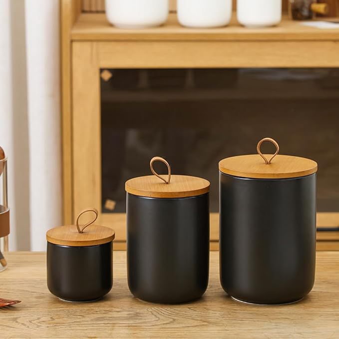 MilkyWay Ceramic Food Storage Jar, Storage Canisters with Airtight Seal Bamboo Lid Modern Design Seal Damp-Proof Kitchen Jar for Coffee, Tea, Spice and More (Black 260ml)