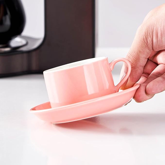 8oz Porcelain Stackable Cappuccino Cups with Saucers and Metal Stand Set of 4, Cappuccino Cups Set of 4, Pink Coffee Cups for Espresso, Specialty Coffee Drinks, Latte, Americano and Tea