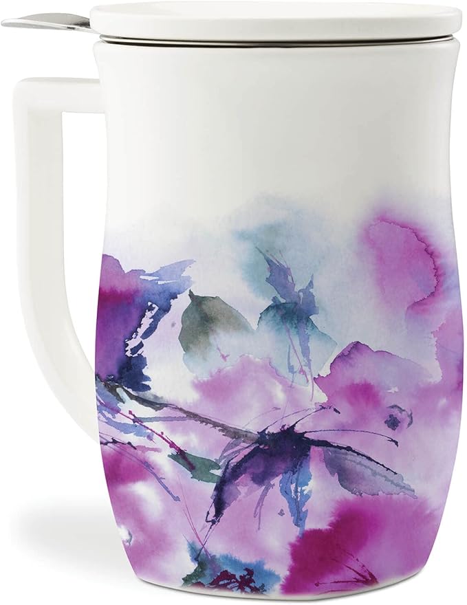 Tea Forte Ceramic Fiore Cup with Handle, Removeable Stainless Steel Infuser Basket and Lid, Steeps 14 oz Loose Leaf Tea, Dishwasher & Microwave Safe, Verbena Blossom