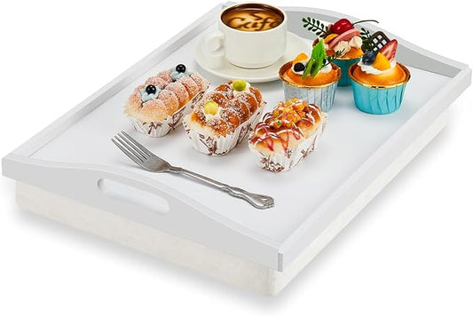 Tioncy 1 Piece Bamboo Lap Tray with Detachable Pillow 16.9'' x 13'' Lap TV Trays Desk with Handles for Adults Eating in Recliner Breakfast Housewarming Gift (White)