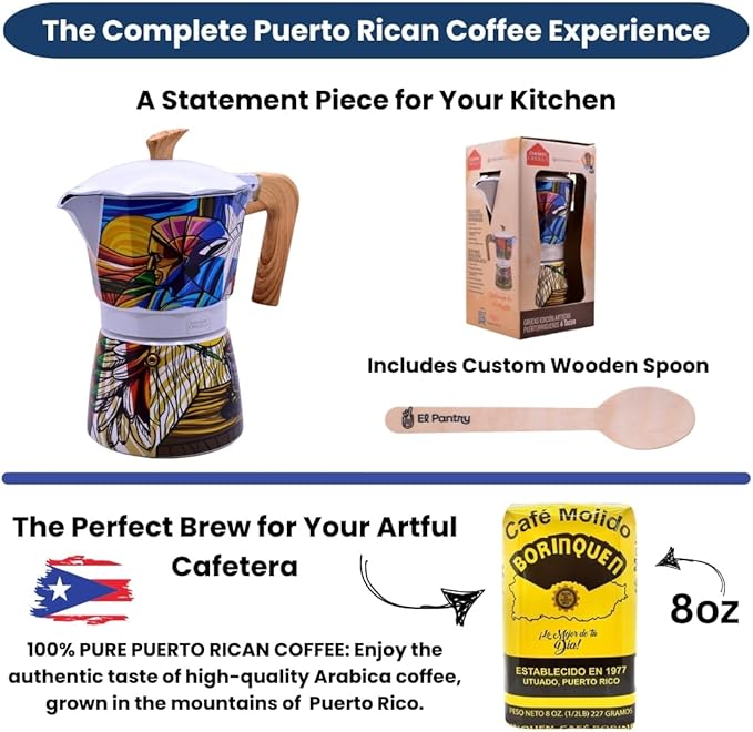 Puerto Rico Greca de Cafe Gift Set | Boricua Art Stovetop Coffee Maker & Moka Pot | with Authentic Cafe Borinquen | Cafetera, 6 Espresso Cups (Cafe Borinquen)