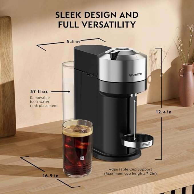 Nespresso Vertuo Next Deluxe Coffee and Espresso Machine by De'Longhi, Chrome