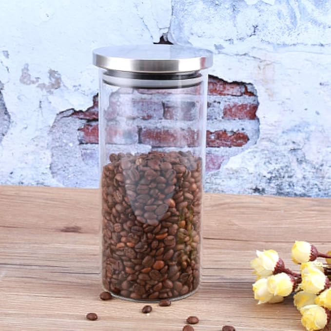 Bewinner Glass Coffee Bean Container, 1000ML Glass Storage Jar Coffee Beans Kitchen Food Container with Stainless Steel Lid for Use Storing Cookies, Sugar, Flour, Coffee(1000ML)