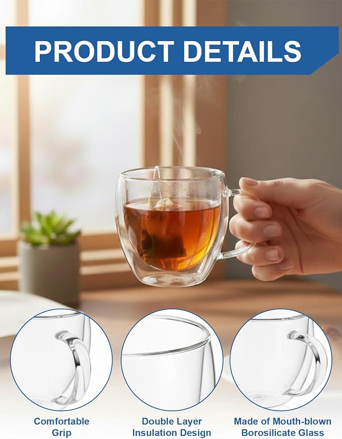 Set of 4 Double Walled Glass Coffee Mugs with Handles, 8.5oz Clear Coffee Mugs for Hot/Cold Beverages, Insulated Borosilicate Glass Cups for Cappuccino, Espresso, Latte, Tea, Milk, Microwave Safe