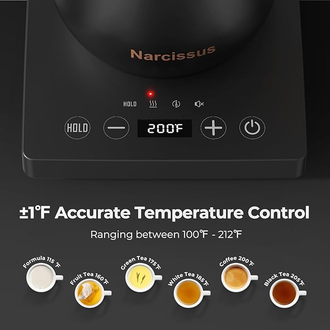 Narcissus P901 Gooseneck Electric Kettle with ±1℉ Temperature Control Function, 1200 Watt Rapid Boiling in 5 Mins, Max 6 Hours Keeping Warm, 304 Stainless Steel Interior, BPA Free, Black