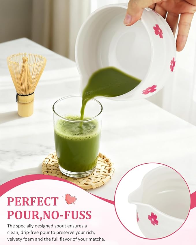 8Pcs Cute Ceramic Matcha Set with Whisk Bowl, Matcha Tea Kit Holder, Bamboo Scoop, Sifter, Towel Included, Valentine's Mother's Day Gift for Matcha Lover Women (White Sakura)