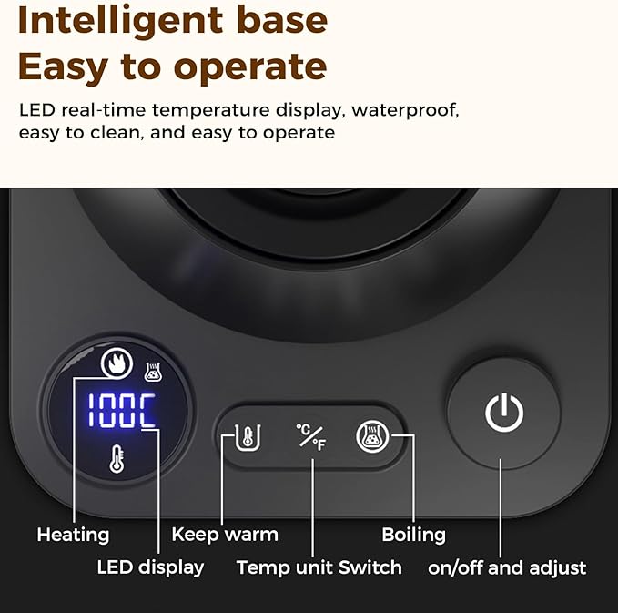 Gooseneck Electric Tea Kettle with Pour Over Pot with LED & Precise 1°F Temp Control,Keep Warm, Hot Water Kettle for Home/Office 304 Stainless Steel (Black)