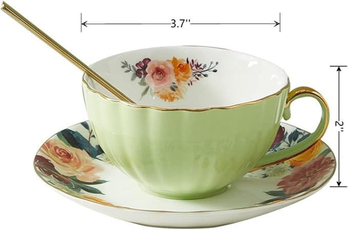 Lyellfe Set of 2 Tea Cup and Saucers, 8 Oz Floral Tea Cups with Gold Trim and Spoon, Porcelain British Coffee Cups for Party Christmas Birthday Wedding Gifts