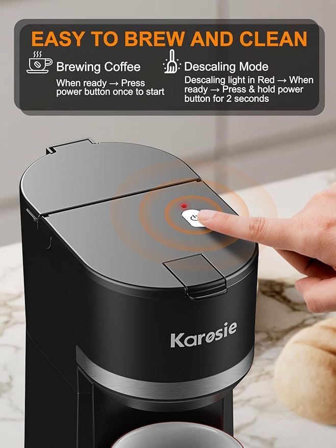 Single Serve Coffee Maker for K-Cup and Ground Coffee, Fast Brew, 6-12 oz Brew Sizes One Cup Coffee Machine Fits 5.5" Mugs, One-Button Small Coffee Maker, Descaling Reminder,Black,9.45 Inches