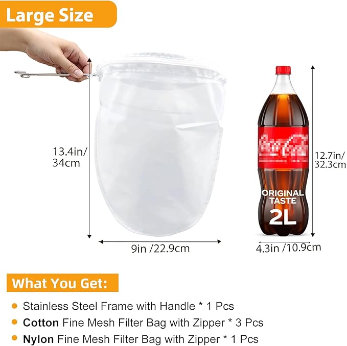 5 Pcs Premium Ultra Fine Mesh Strainer Bags with Stainless Steel Handle, Reusable Nut Milk Bags, Cheese Cloths for Straining Juice, NutMilk, Coffee, Thai Tea, Yogurt and Soup (Large)