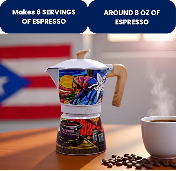 Puerto Rico Greca de Cafe Gift Set | Boricua Art Stovetop Coffee Maker & Moka Pot | with Authentic Cafe Borinquen | Cafetera, 6 Espresso Cups (Cafe Borinquen)