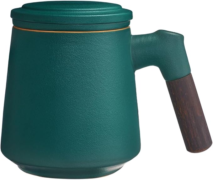 ZENS Tea Cup with Infuser and Lid, 11 oz Green Ceramic Steeper Mug for Loose Leaf Tea Lovers Gifts, Wood Handle Tea Strainers.
