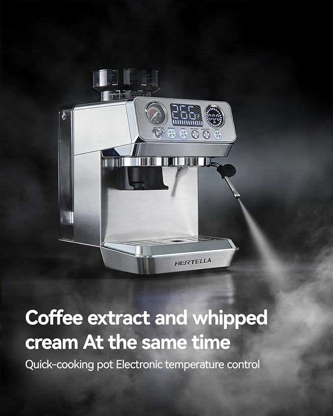 HERTELLA Espresso Machines with Burr Grinder, 20 Bar Visual Pressure Gauge, Milk Frother Steam Wand, Stainless Steel, 4 Temperature Modes (Hot and Cold Brew)，Automatic Pressure Release Function