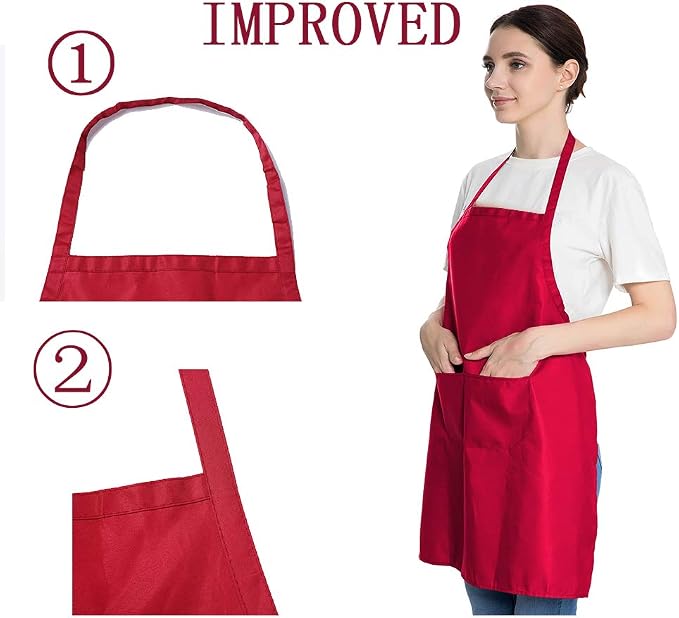 Total 6PCS Red Aprons Bulk for Women Unisex Plain Colour Bib Aprons with 2 Front Pockets Washable Apron for Painting Cooking Baking Kitchen Restaurant Crafting - Image 2