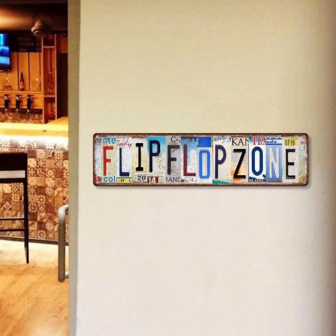 Vintage License Plate FLIP FLOP ZONE Sign – 16x4 Inch Rustic Tin Wall Décor for Beach House, Poolside, Patio, Coastal Cottage or Summer Bar - Image 7