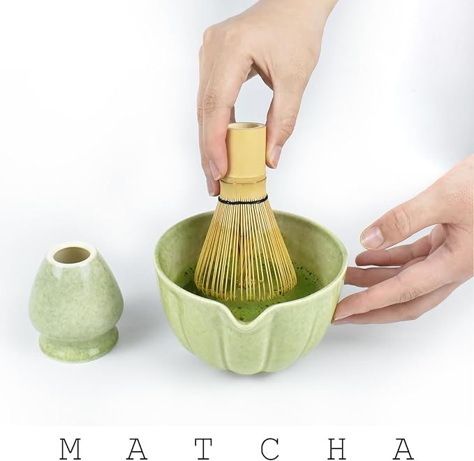 Artcome Matcha Bowl with Pouring Spout and Whisk Holder Set – Premium Ceramic Matcha Tea Bowl with Convenient Spout and Bamboo Whisk Stand for Traditional Japanese Tea Ceremony