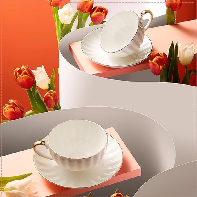 ONEUSTAR Tea Cup and Saucer Set for 1 Bone China English Tea Cup with Spoon 8 oz Teacup Coffee Cappuccino Latte Mug with Gold Trim, White