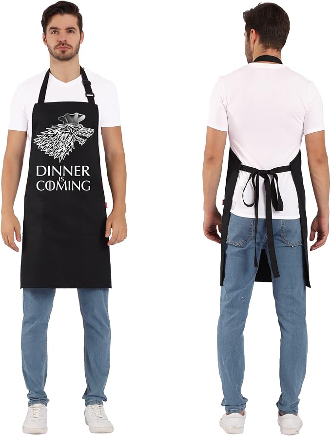 Grill Aprons for Men Women, Dinner is Coming Kitchen Chef Apron with 2 Pockets and 40" Long Ties, Adjustable Bib Apron for Cooking, BBQ, Baking, Gardening, Black - Image 5