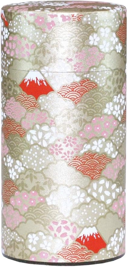 Washi Paper Tea Tin Canister: Long 7oz (200g) Mt. Fuji During The Sunset - Aka Fuji (#132), Japan